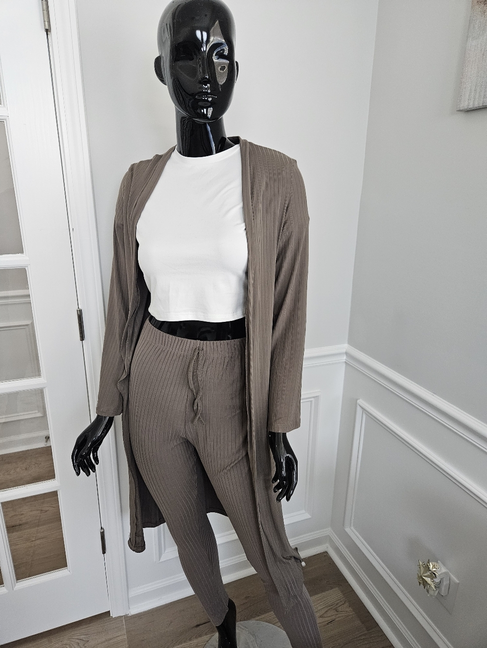 Women's Ribbed Lounge Pants & Duster Set - Taupe